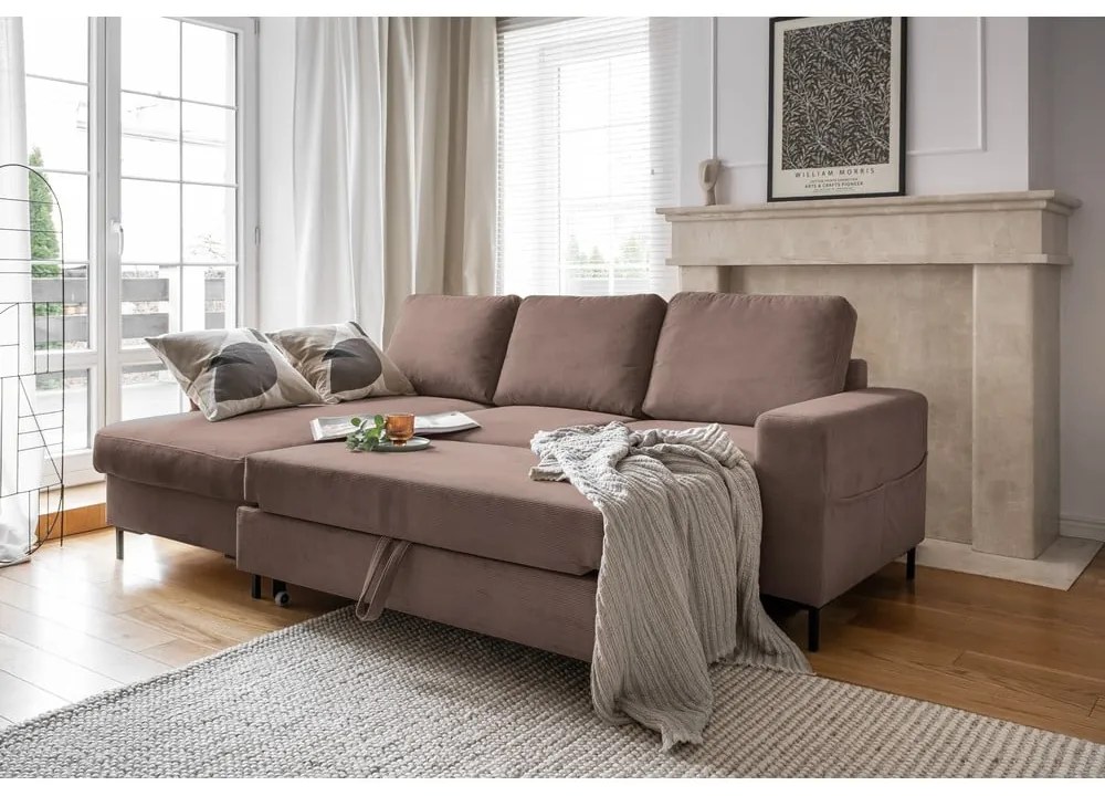 Hnedá menčestrová rozkladacia rohová pohovka (ľavý roh) Lofty Lilly – Miuform