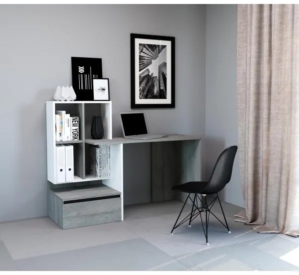 Písací stôl s policou MARLO, sivý betón/biela