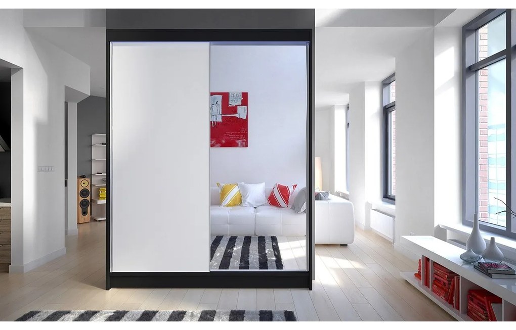 Skriňa s posuvnými dverami Belgia I, Farby: čierna / čierna + zrkadlo, Osvetlenie: osvetlenie LED RGB - farebné