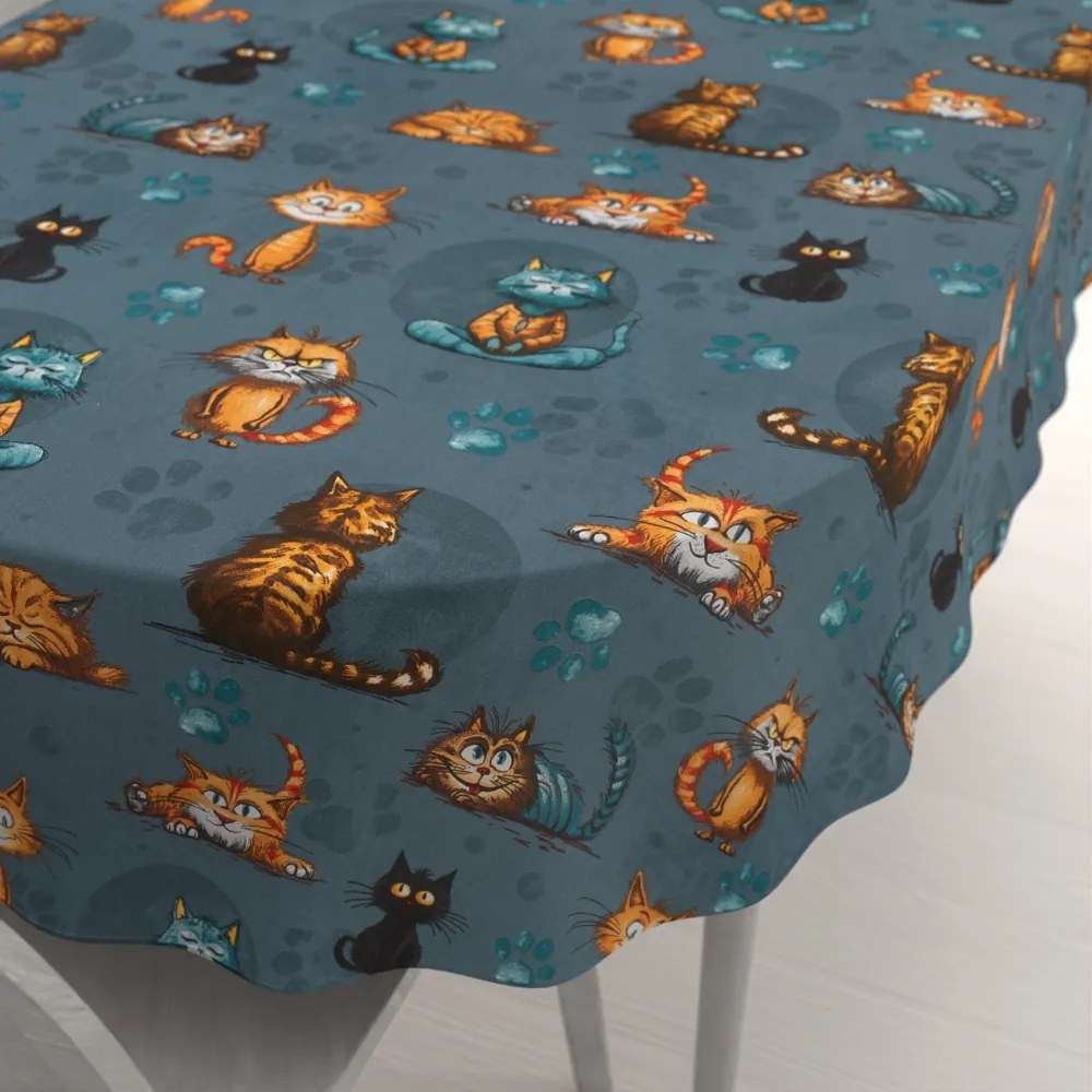 Biante Detský bavlnený oválny obrus Sandra SA-705 Mačacia partia na tmavo sivomodrom 120x160 cm