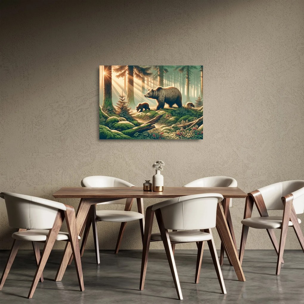 Sklenený obraz - Medvede v lese (70x50 cm)