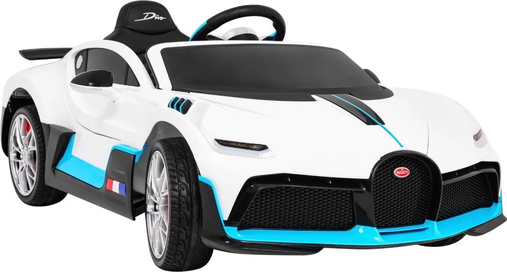 Ramiz Bugatti Divo autíčko na batérie pre deti biele + diaľkové ovládanie + EVA + pomalý štart + LED MP3