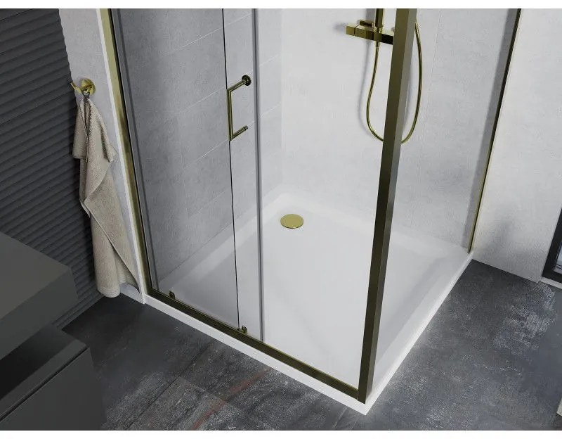 Mexen Apia, sprchový kút s posuvnými dverami 90 (dvere) x 90 (stena) cm, 6mm číre sklo, zlatý profil + biela sprchová vanička SLIM, 840-090-090-50-00-4010G