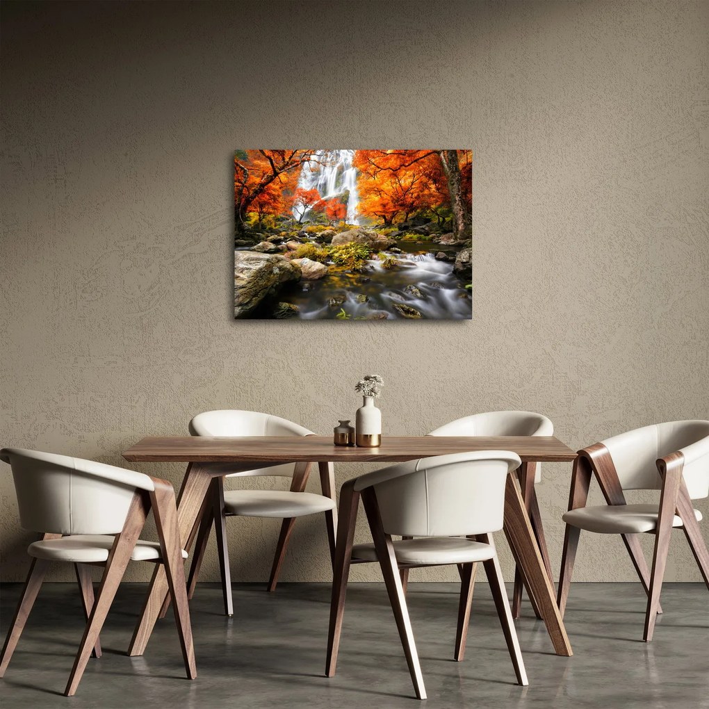 Obraz - Vodopády v jesennej krajine, oranžový (70x50 cm)