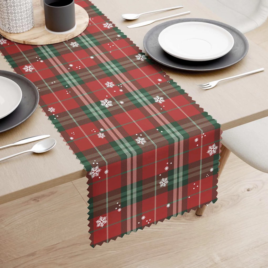 Goldea vianočný behúň na stôl teflónový - červené káro s vločkami 50x140 cm