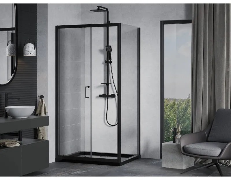 Mexen Apia, sprchový kút s posuvnými dverami 140 (dvere) x 100 (stena) cm, 6mm číre sklo, čierny profil + čierna sprchová vanička s čiernym sifónom, 840-140-100-70-00-4070B