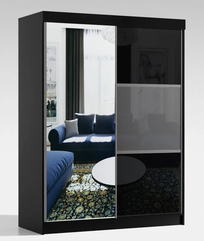 Šatníková skriňa Rumba, 120 cm, čierna/čierne sklo