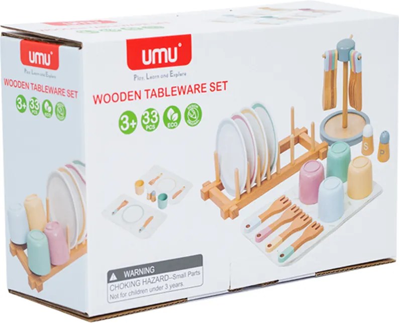 LEAN Drevená súprava detského riadu Stojan na stôl 33El