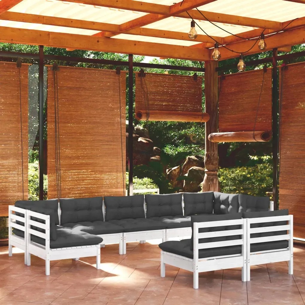 vidaXL 9-dielna záhradná súprava s vankúšmi biela borovicový masív