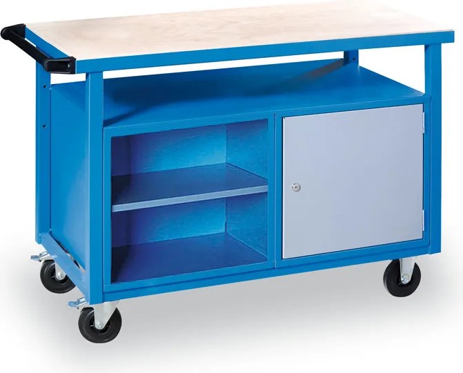 Pojazdný pracovný stôl do dielne GD, smrek + buková preglejka, 1 skrinka, 1 polica, 1190 x 600 x 850 mm, sivá