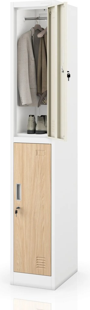 Šatníková skriňa BHP, zamestnanecká, jednotlivá, 2 priehradky s tyčou, biela/dub sonoma, 316,5x1850x450 mm: IGOR 1 Plus Eco Design