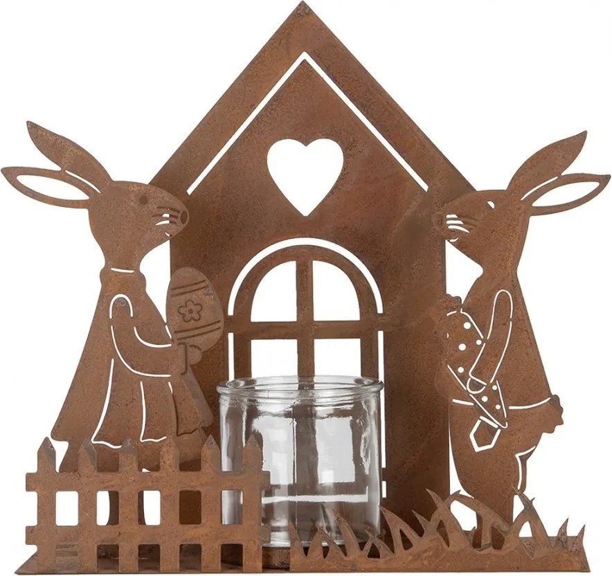 Hrdzavý svietnik s zajačikmi Brocante rust - 26*9*26 cm