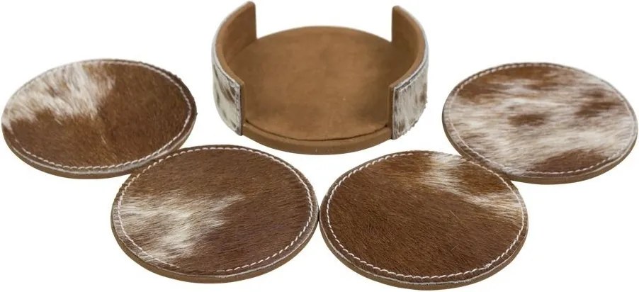 4ks hnedo bielych okrúhlych podtáciek v stojane z hovädzej kože - 11 * 11 * 3cm / 10 * 10 * 0,5cm