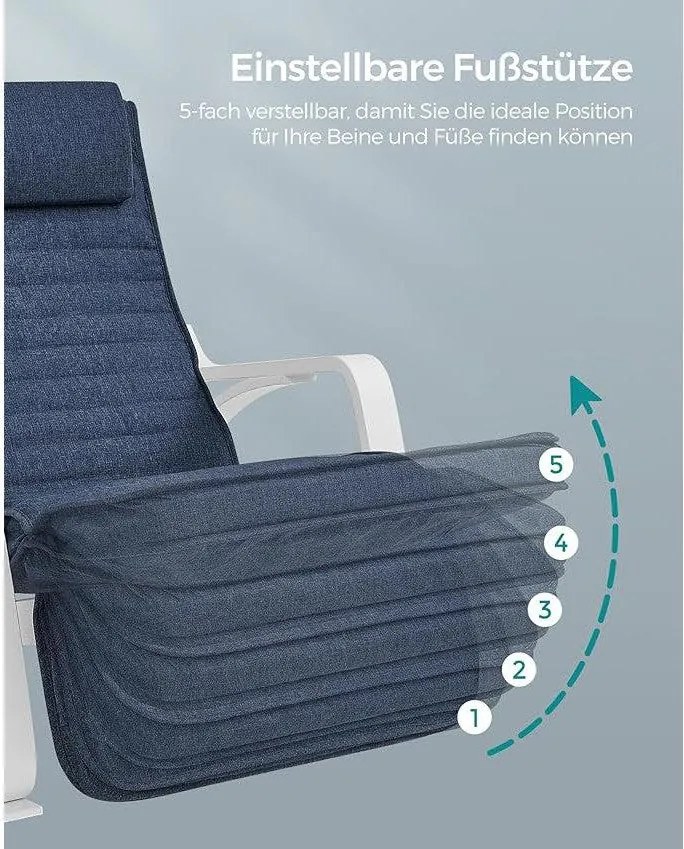 Hojdacie kreslo s podrúčkami z brezového dreva, 5-smerovo nastaviteľná opierka nôh, modrá