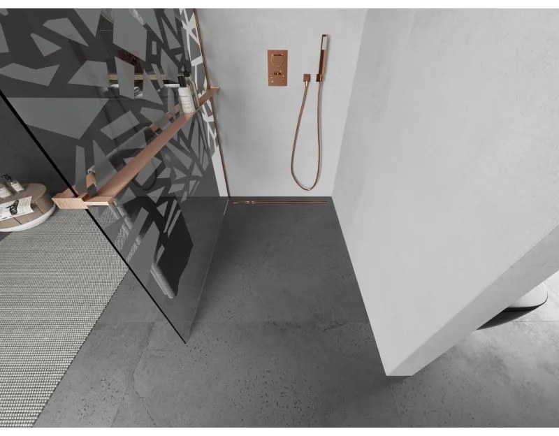 Mexen Kioto+, sprchová zástena Walk-In s poličkou a vešiakom 90 x 200 cm, 8mm číre sklo biely vzor, medený matný profil, 800-090-121-65-85