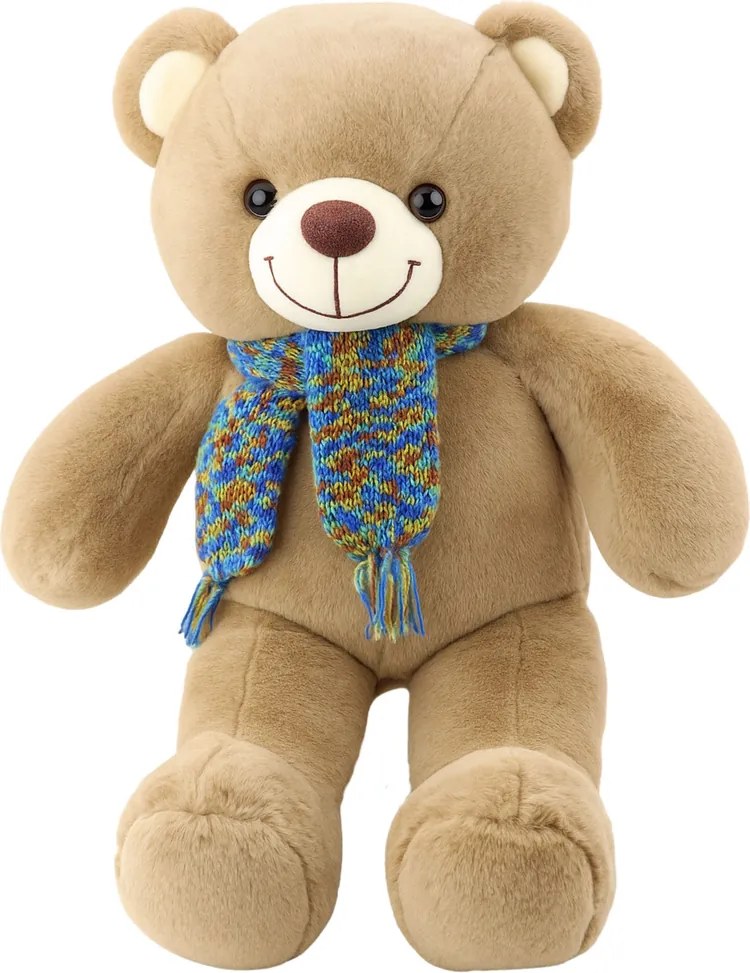 LEAN Toys Plyšový maskot objímateľný medvedík Farebná vlnená šatka hnedá 55cm