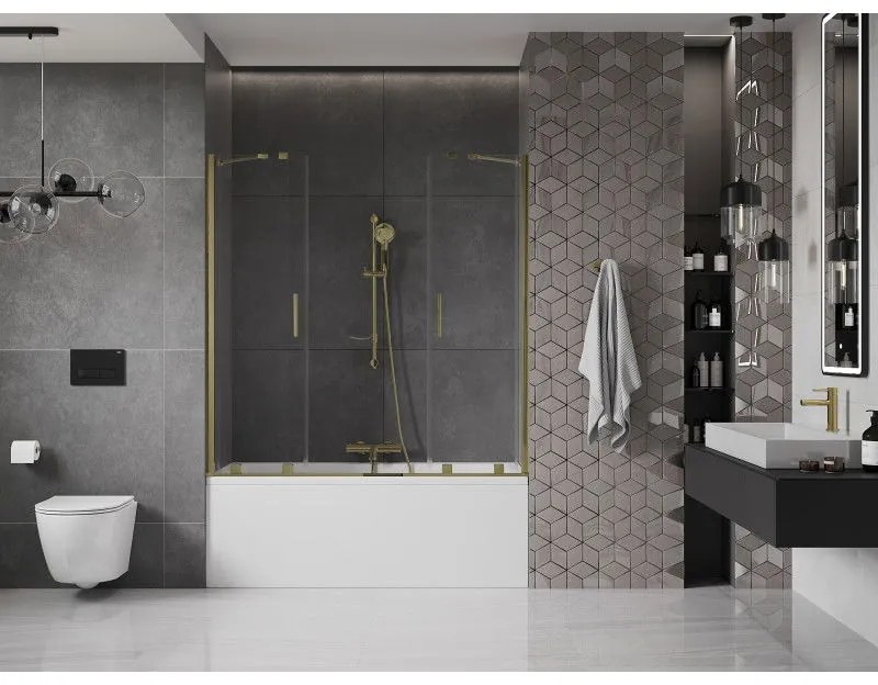 Mexen Velar Duo, 2-krídlová posuvná vaňová zástena 140 x 150 cm, 8mm číre sklo, zlatý lesklý profil, 896-140-000-02-50