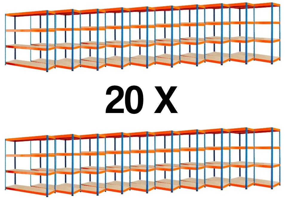 Fistar !!! Akčný balíček : 20x Regál 1680x1600x700 mm PROFESIONÁLNY lakovaný 4-policový, nosnosť 1600kg - MODRO-ORANŽOVÝ