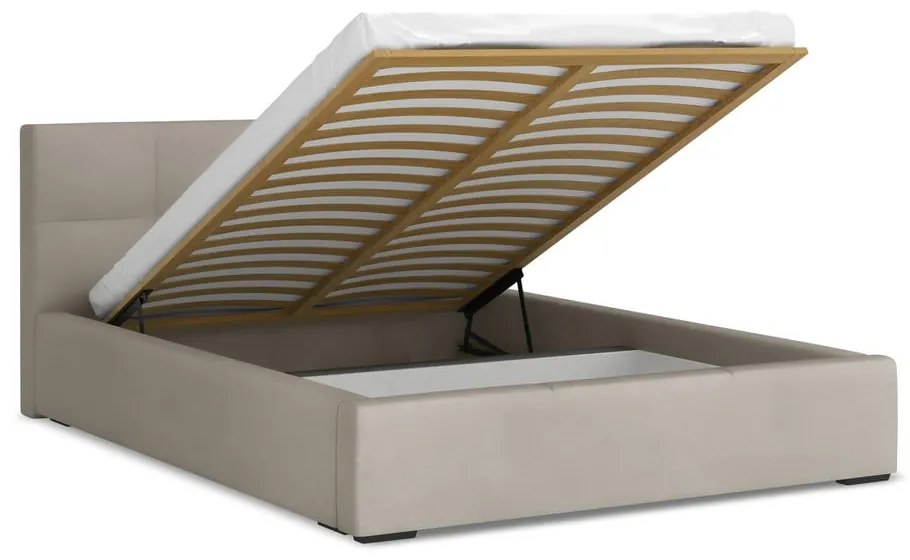 Taupe zamatová čalúnená dvojlôžková posteľ s úložným priestorom s roštom 140x200 cm Hiko – Makamii