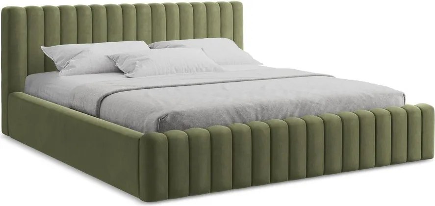 Zelená čalúnená dvojlôžková posteľ s úložným priestorom s roštom 140x200 cm Lemi – Makamii