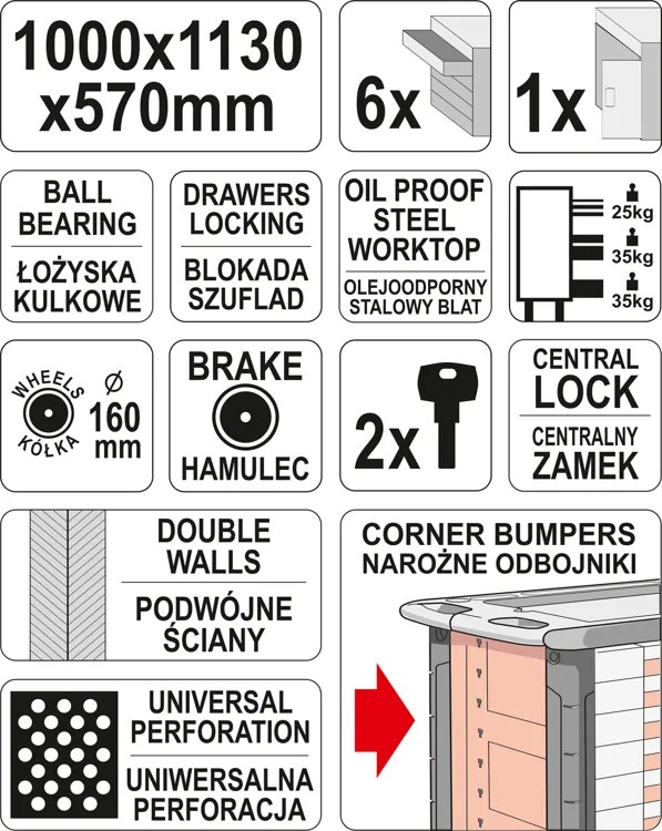 Dielenský vozík 6 zásuviek červená PRO | nosnosť 600 kg