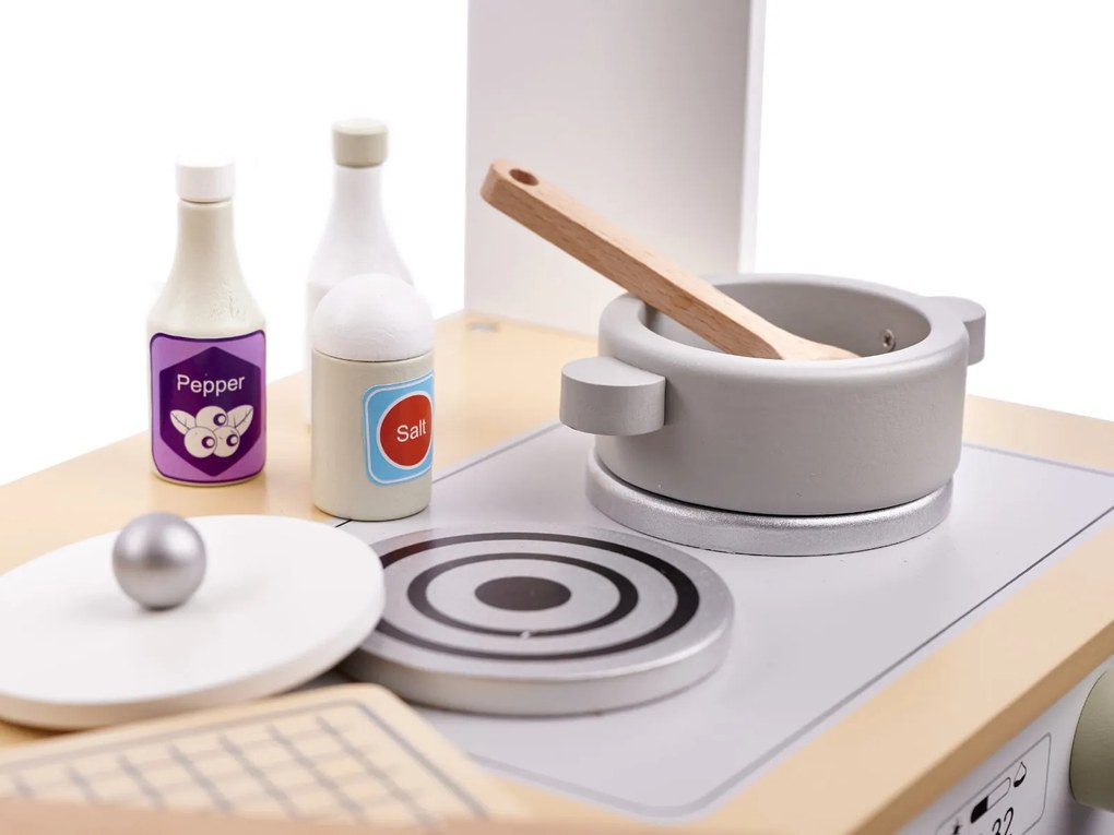 KIK Detská drevená MDF kuchynka Modern Classic so sušičkou a príslušenstvom pre deti - sivá