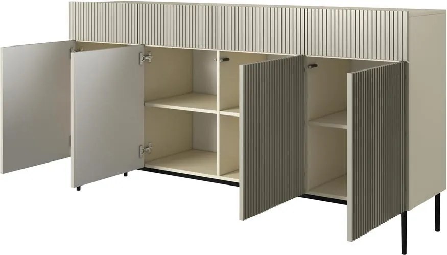 Komoda Nicole 200 cm so štyrmi dverami a zásuvkami s ryhovaným čelom - kasmír / čierne nožičky