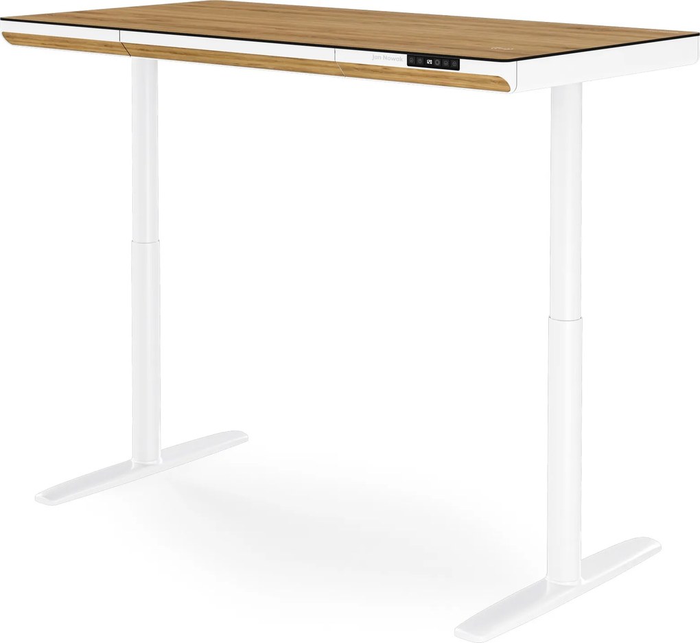 Elektrický písací stôl sit-stand so zásuvkou a bezdrôtovou nabíjačkou Qi biely/zlatý dub, 1400 mm: ELLIS