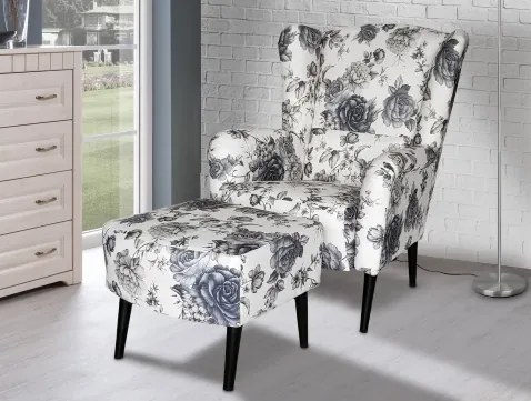 Kreslo s taburetom Canto, šedý kvetinový motív%