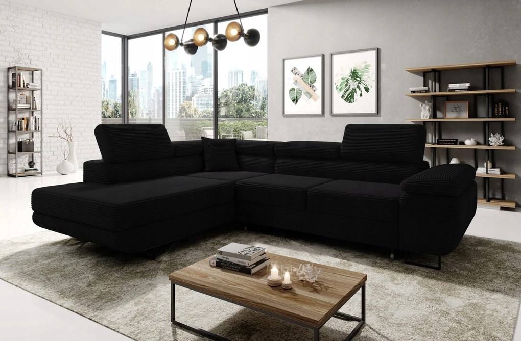 Ľavý roh Astorp s funkciou spania, čierny, s opierkami hlavy a úložným priestorom.