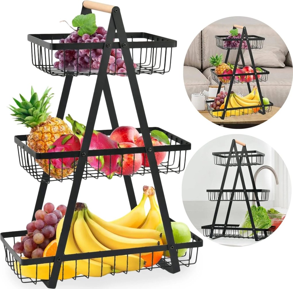 Kovový košík na ovocie PULOS - 3poschodový - čierny
