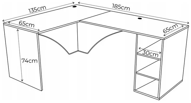 Počítačový rohový stôl CARBON, 185x74x135, biela, ľavá