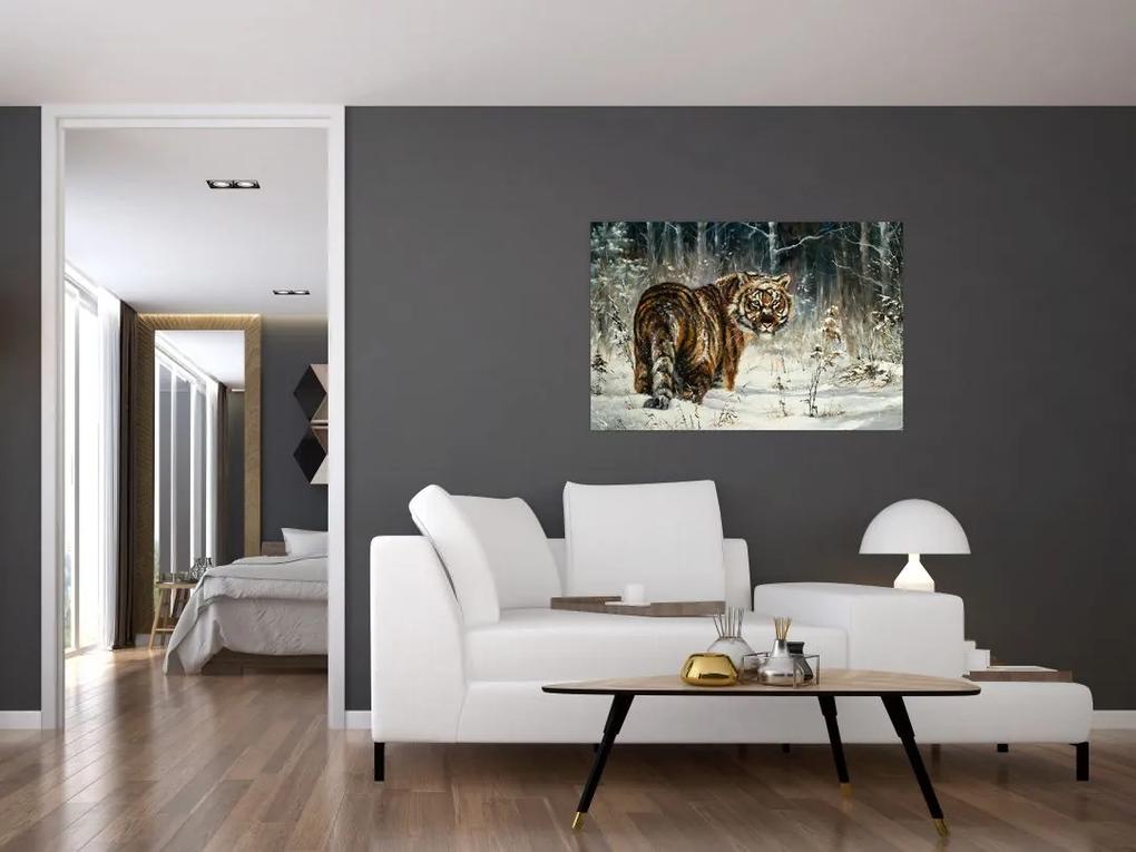 Obraz - Tiger v zasneženom lese, olejomaľba (90x60 cm)
