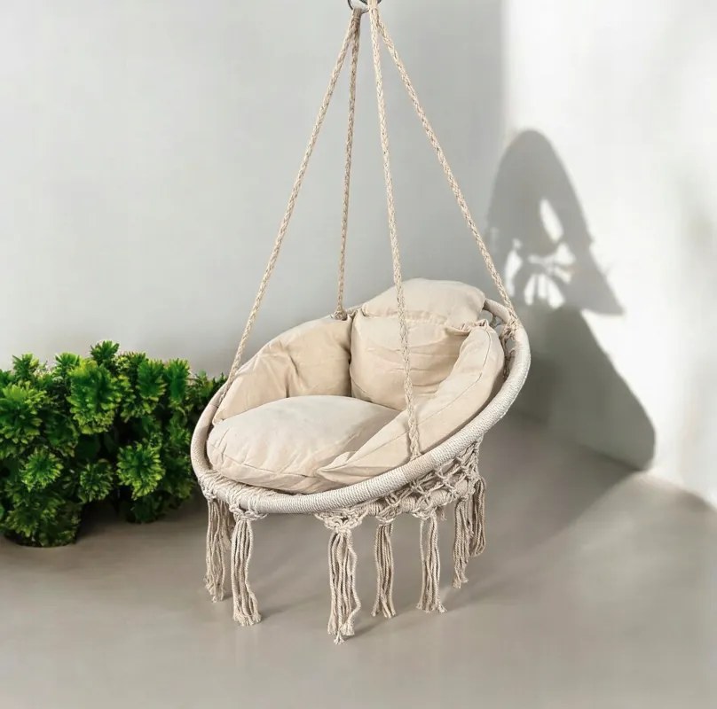 Závesné kreslo s vankúšom - bocianie hniezdo 80 cm béžová