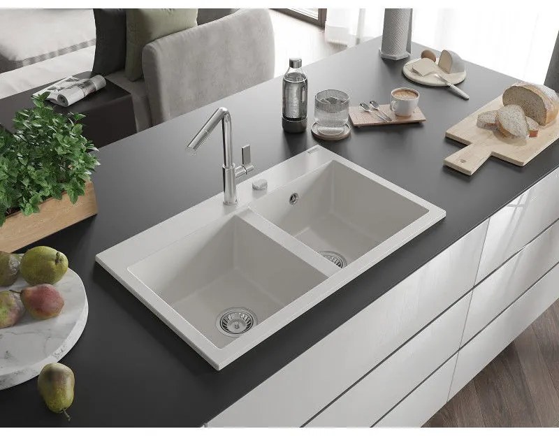 Mexen Hektor, 2-komorový granitový drez 800x480x205 mm, biela, chrómový sifón, 6521802000-20