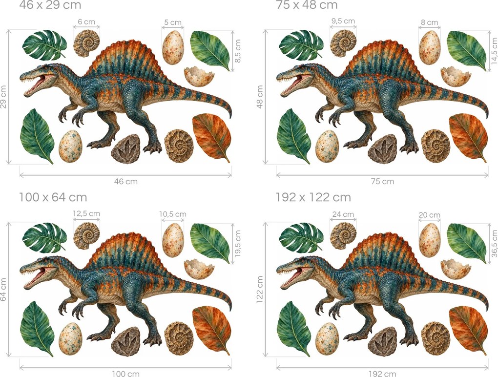 Spinosaurus s vajcami a fosíliami realistické dinosaurie nálepky do chlapčenskej izby na stenu arch 46 x 29 cm