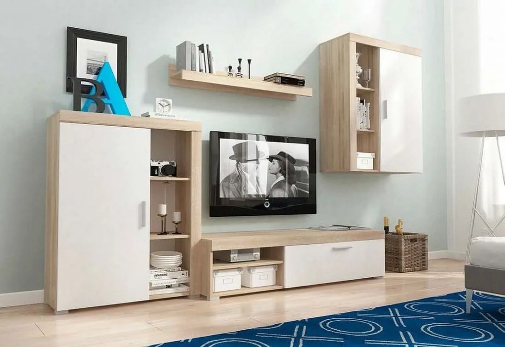 Obývacia stena LENA, 270x197x34-42 cm, dub sonoma/biely