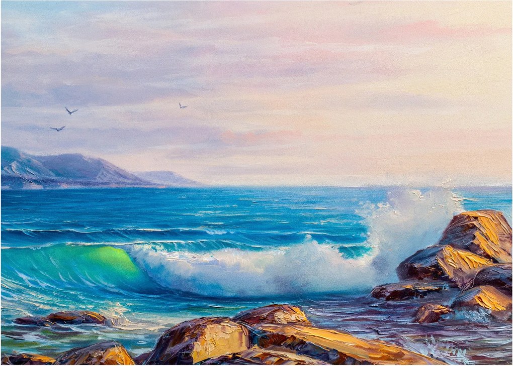 Obraz vĺn narážajúcich na útesy, olejomaľba (70x50 cm)