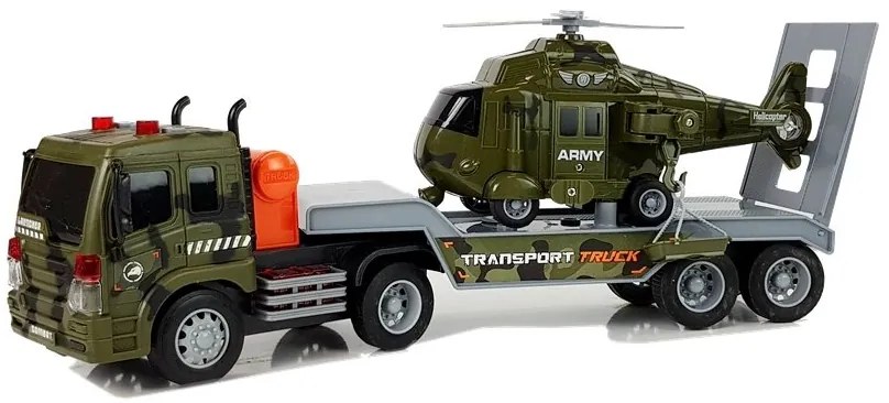 LEAN TOYS Odťahovacie vojenské vozidlo s prívesom a vrtuľníkom 1:16 + svetlo, zvuk