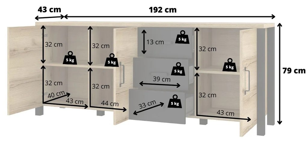 Komoda Oralee Typ 47 (dub grand natural + čierna matná). Vlastná spoľahlivá doprava až k Vám domov. 1042082