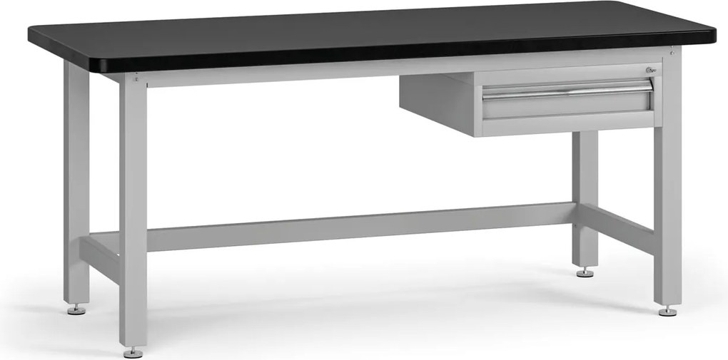 Pracovný stôl do dielne G4 so závesným boxom na náradie, MDF + PVC doska, 1 zásuvka, 1800 x 750 x 800 mm, sivá
