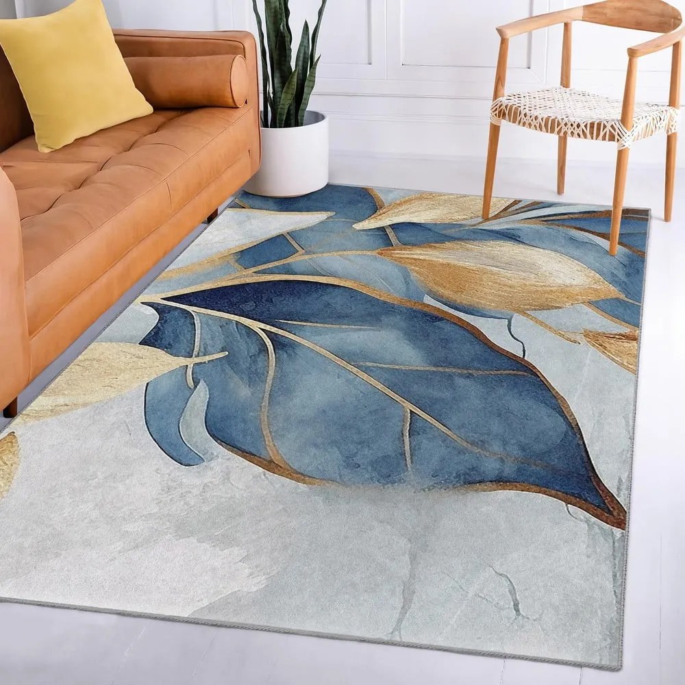 Prateľný koberec v modrej a zlatej farbe 80x150 cm Golden Leaves – Mila Home