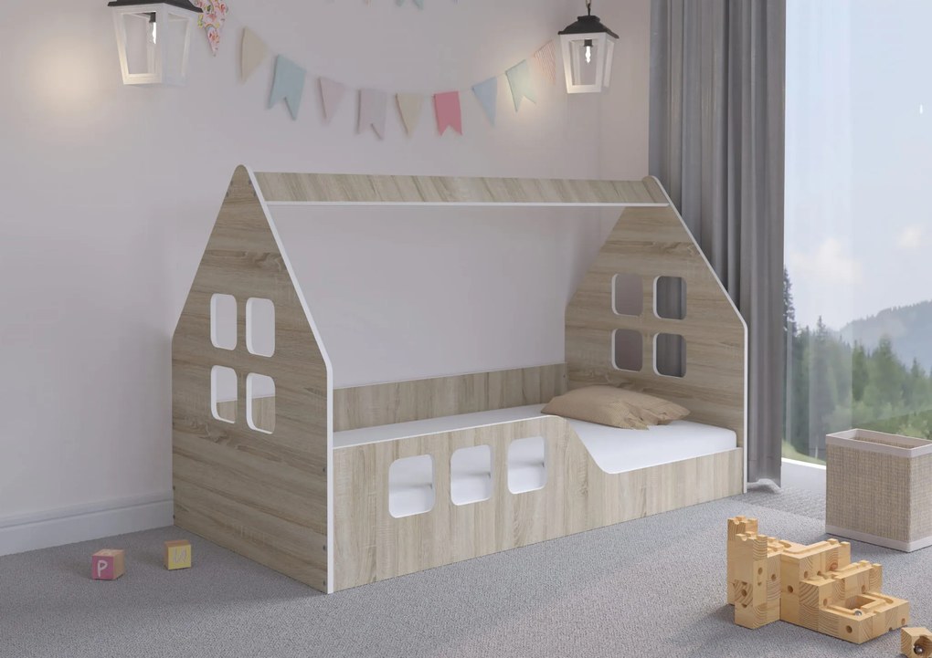Wooden Toys Detská posteľ Nízky DOMČEK SONOMA 160x80 Montessori (vľavo)