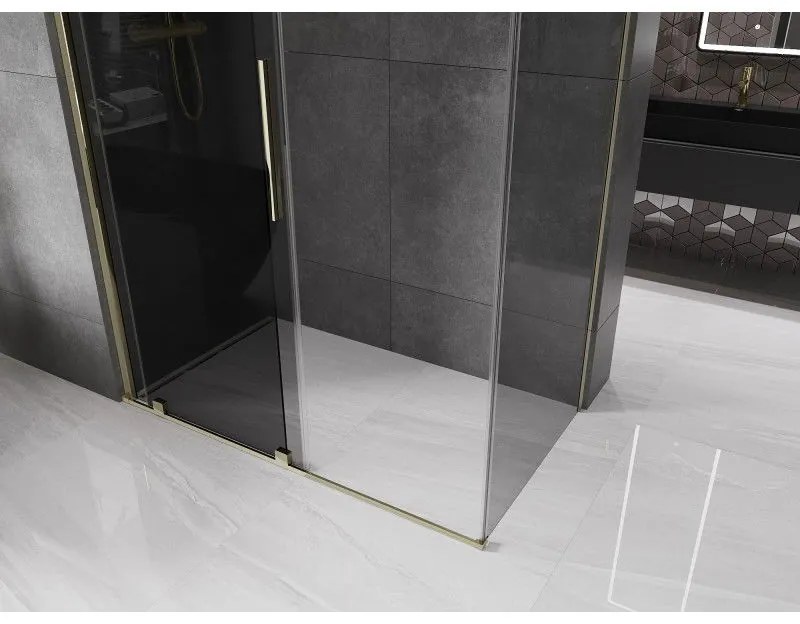Mexen Velar, sprchový kút s posuvnými dverami 140 x 85 cm, 8mm šedé sklo, zlatá lesklá, 871-140-085-41-50
