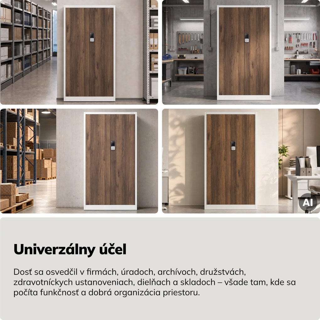 Kovová kancelárska skriňa so zámkom na kód biela, orech, 900x1850x400 mm: DANIEL Eco Design
