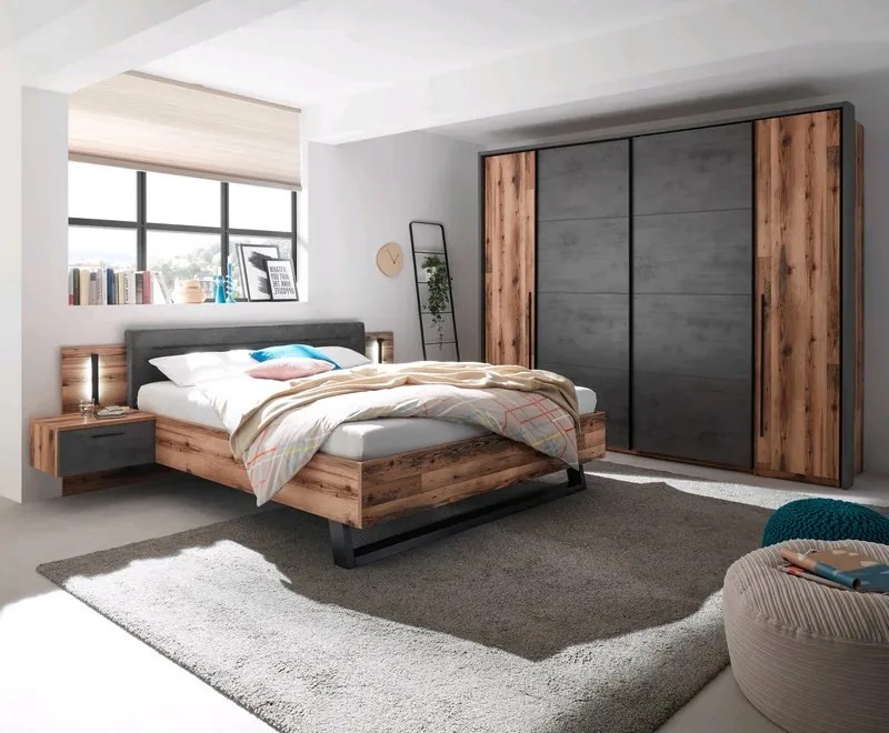 Šatníková skriňa Sarnia, 312 cm, zrubová dosky / tmavý betón