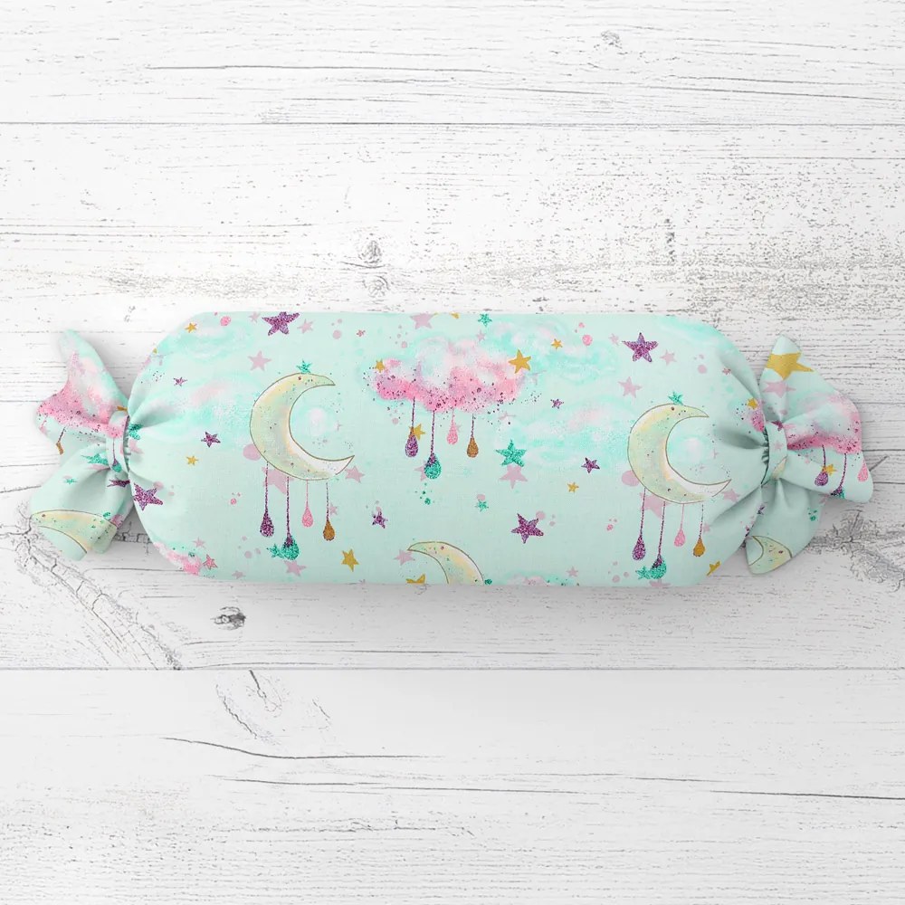 Biante Detský vankúš valec bonbon Sandra SA-522 Mesačná obloha na mintovom 15x80 cm
