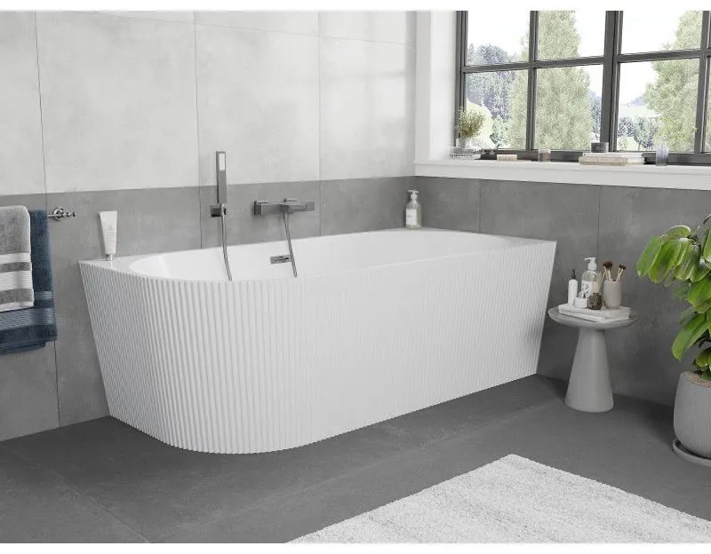 Mexen Silo, rohová voľne stojaca ryhovaná vaňa, pravá, 170 x 80 cm, biela lesklá, brúsený grafit prepad, 52891708000P-66