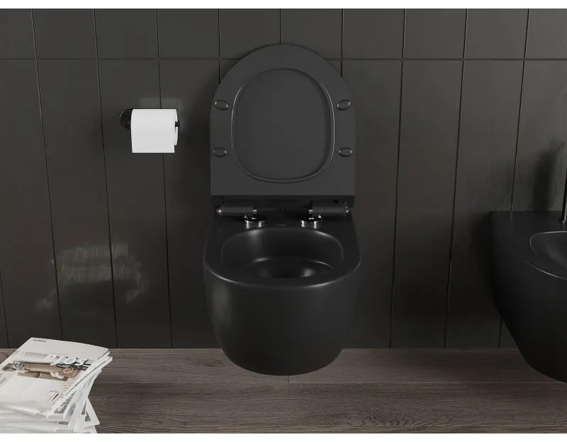 Mexen Carmen, závesná WC misa 490x365x340 mm, Rimless Tornádo + WC sedadlo z duroplastu, čierna matná, 30880185T