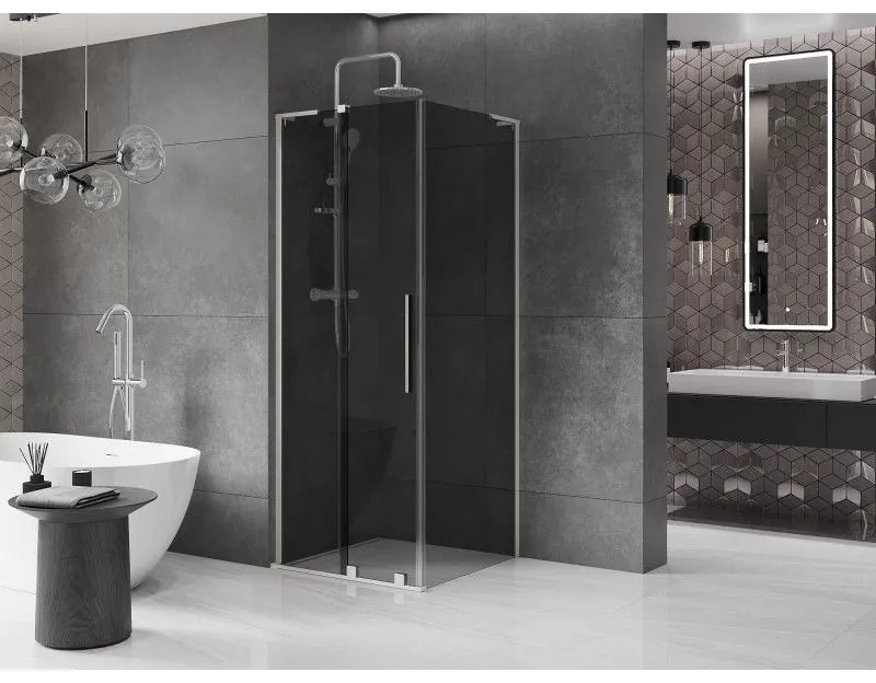 Mexen Velar L, sprchový kút s posuvnými dverami 90 x 90 cm, 8mm šedé sklo, brúsená oceľ, 871-090-090-43-97